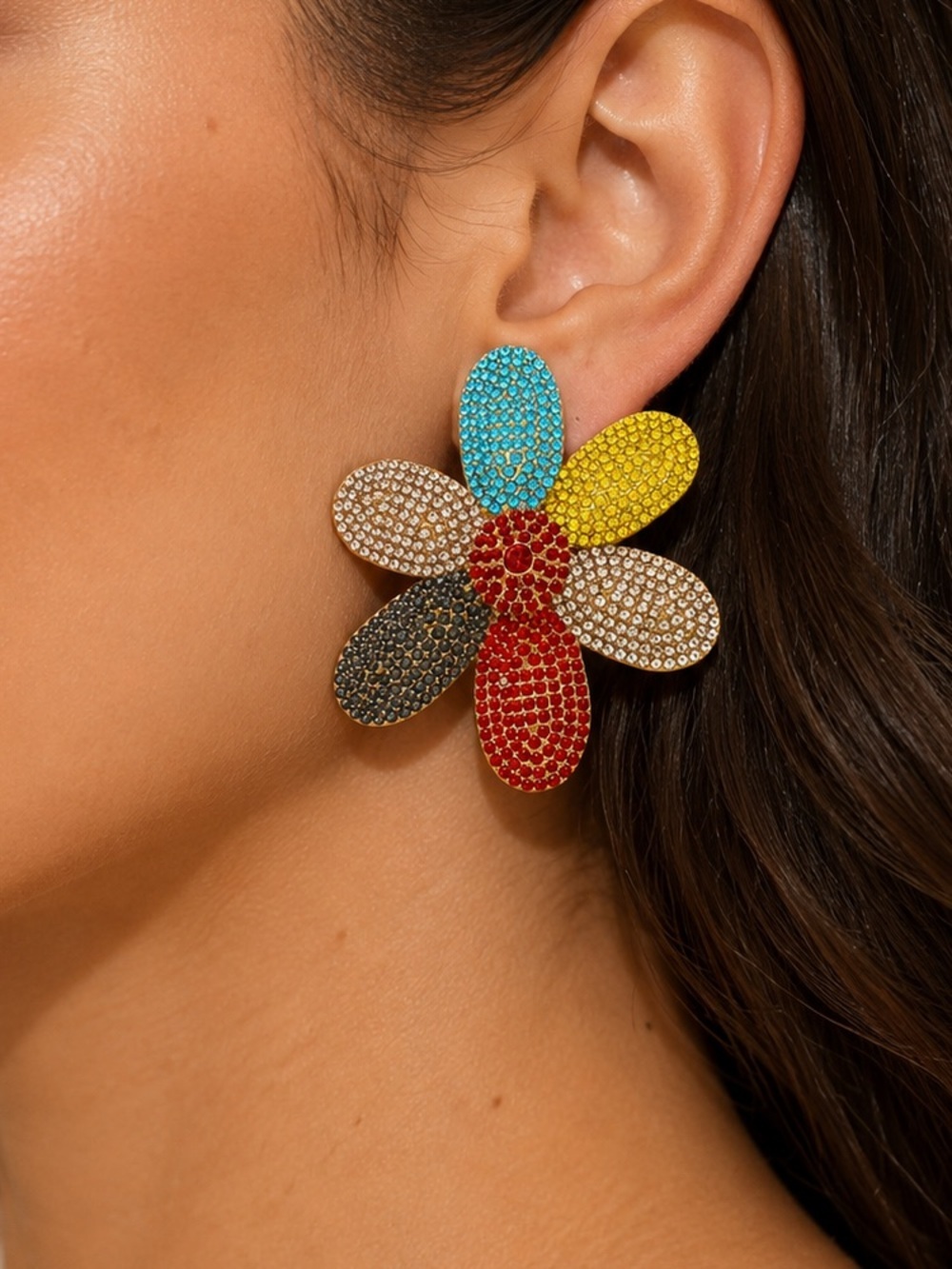 Multicolor Flower Crystal Statement Earrings - Bold Floral Drop